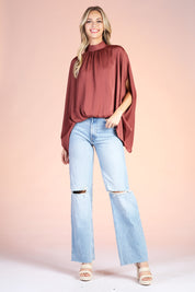 Washed Poly Silk Mock Neck Caftan Top