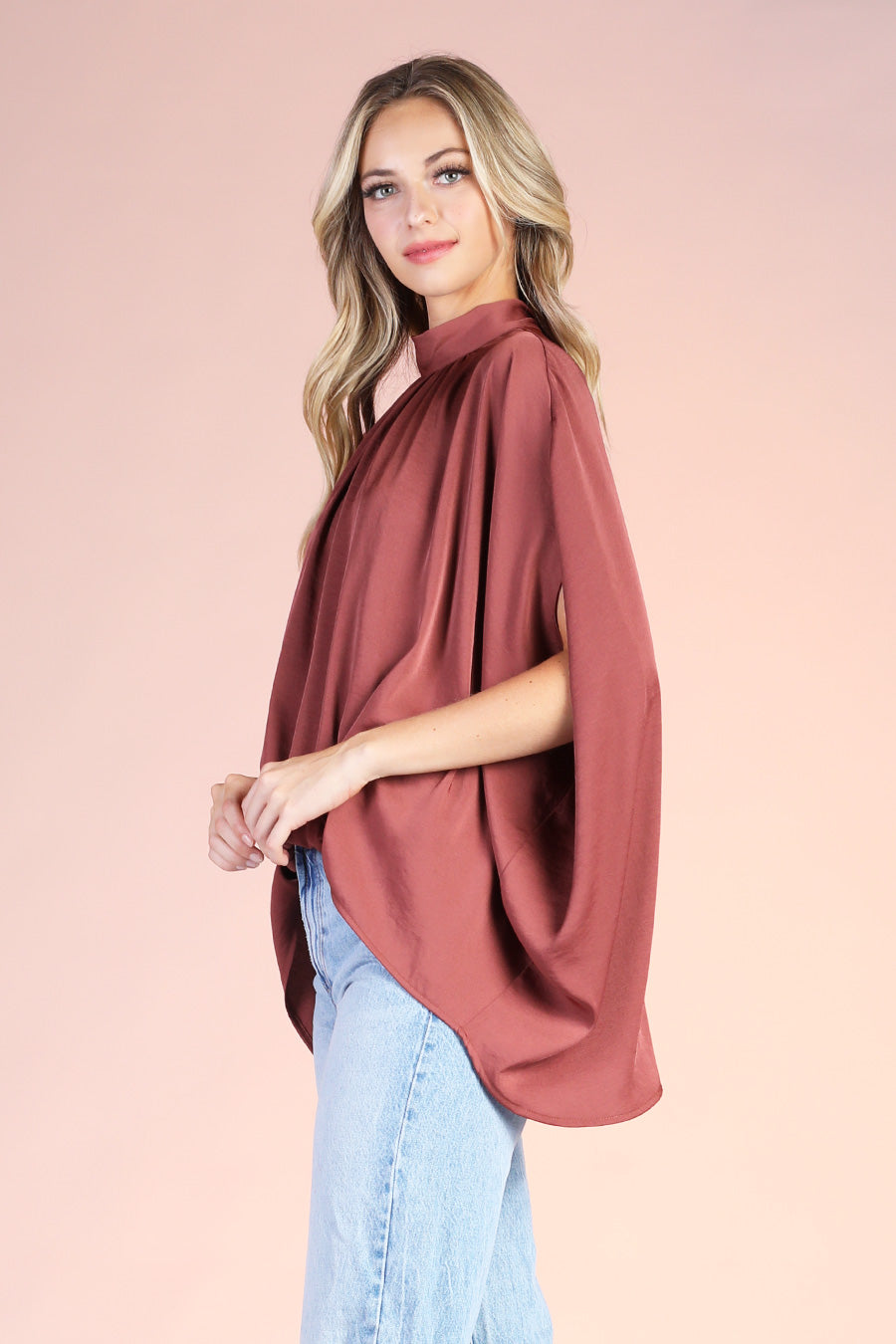 Washed Poly Silk Mock Neck Caftan Top