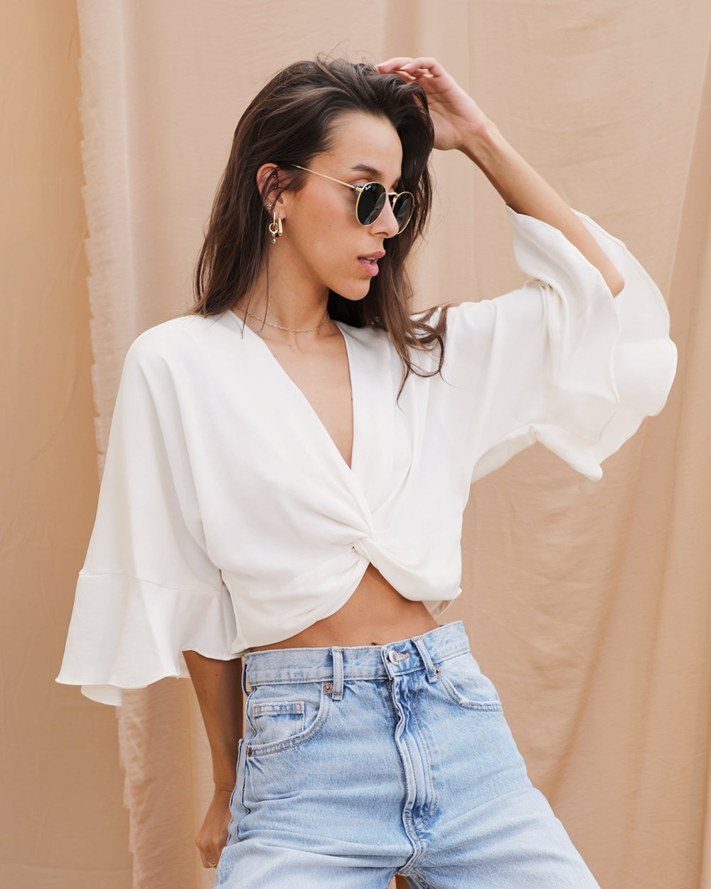 Washed Poly Silk Twist Front Crop Top