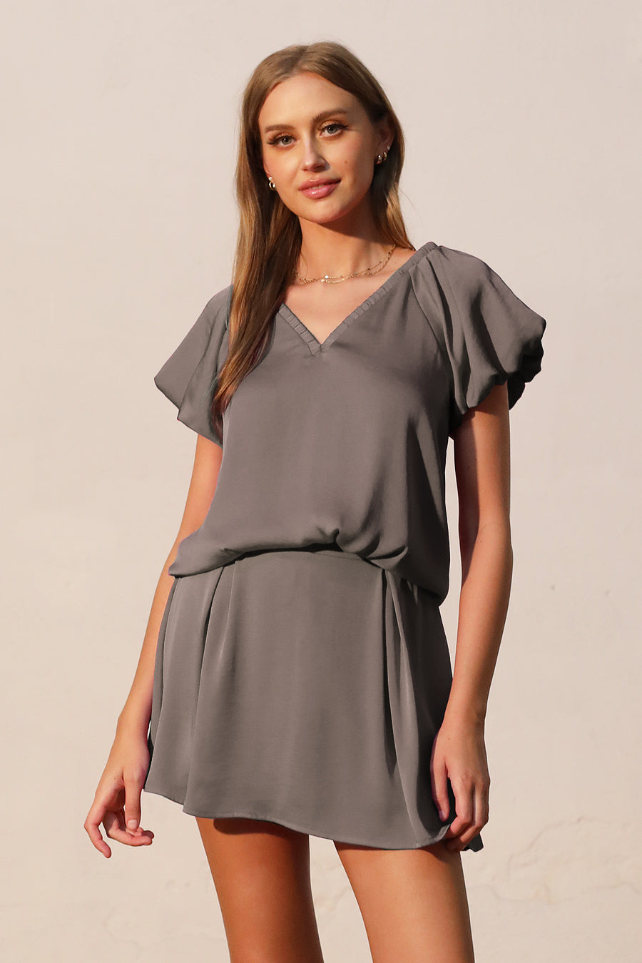 Washed Poly Silk Elastic Neckline Top