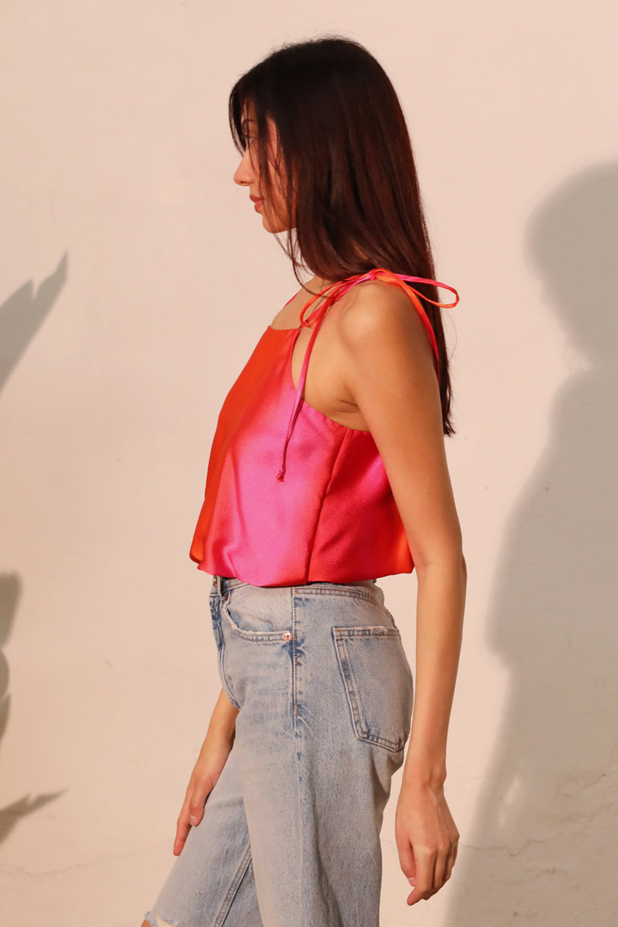 Ombre Satin Tie Shoulder Crop Top