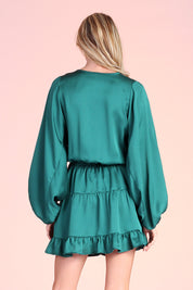 Hammered Satin Balloon Dress - Hunter Green