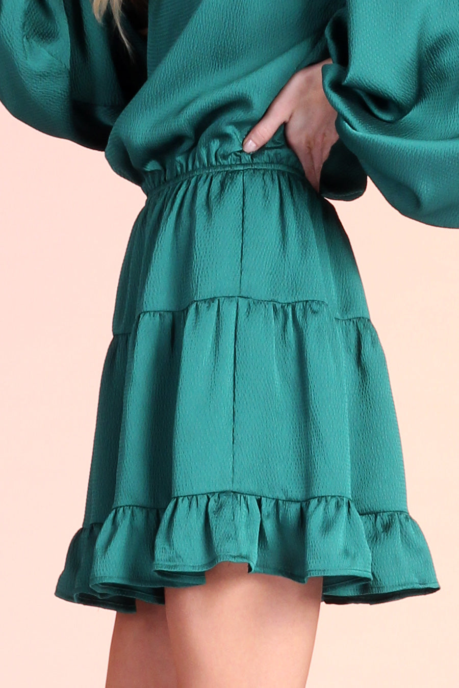 Hammered Satin Balloon Dress - Hunter Green