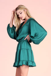 Hammered Satin Balloon Dress - Hunter Green