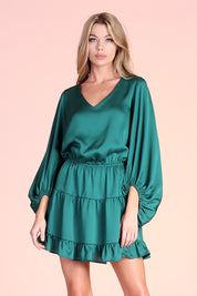 Hammered Satin Balloon Dress - Hunter Green