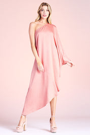 Washed Satin Crepe Asymmetrical One Sleeve Dress