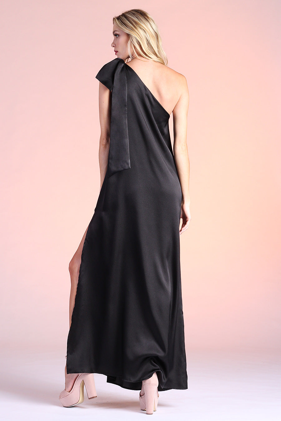 Shiny Hammered Satin One Shoulder Maxi Dress