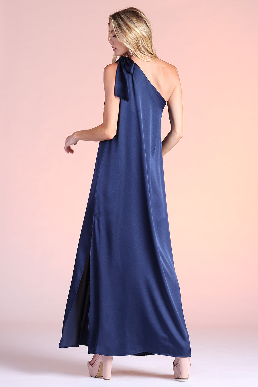 Shiny Hammered Satin One Shoulder Maxi Dress