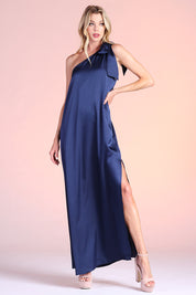 Shiny Hammered Satin One Shoulder Maxi Dress