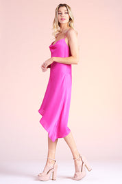 Silky Satin Cowl Neck Asymmetrical Midi Dress