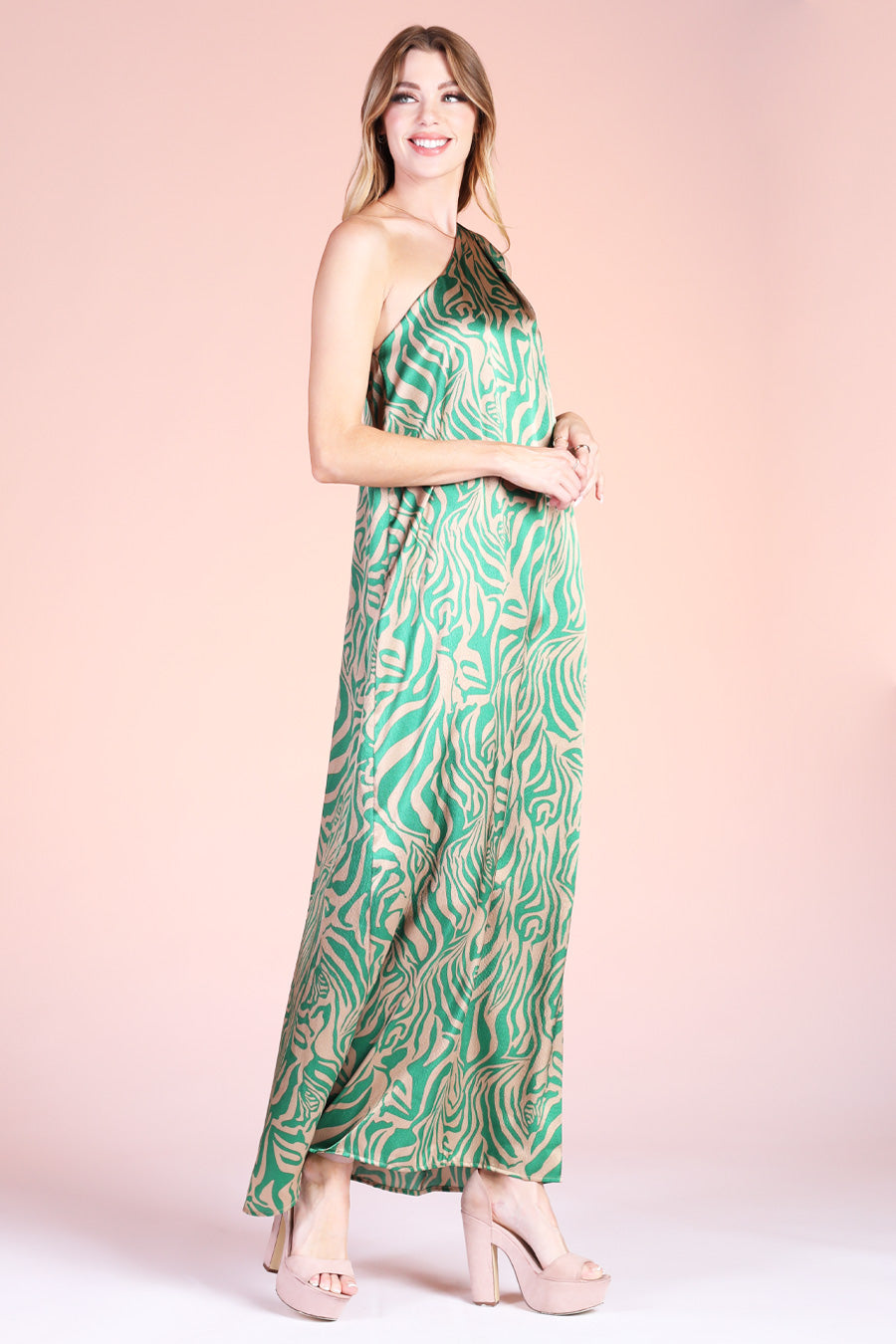 Frida Luxe Satin Greek Goddess Maxi Dress - Green