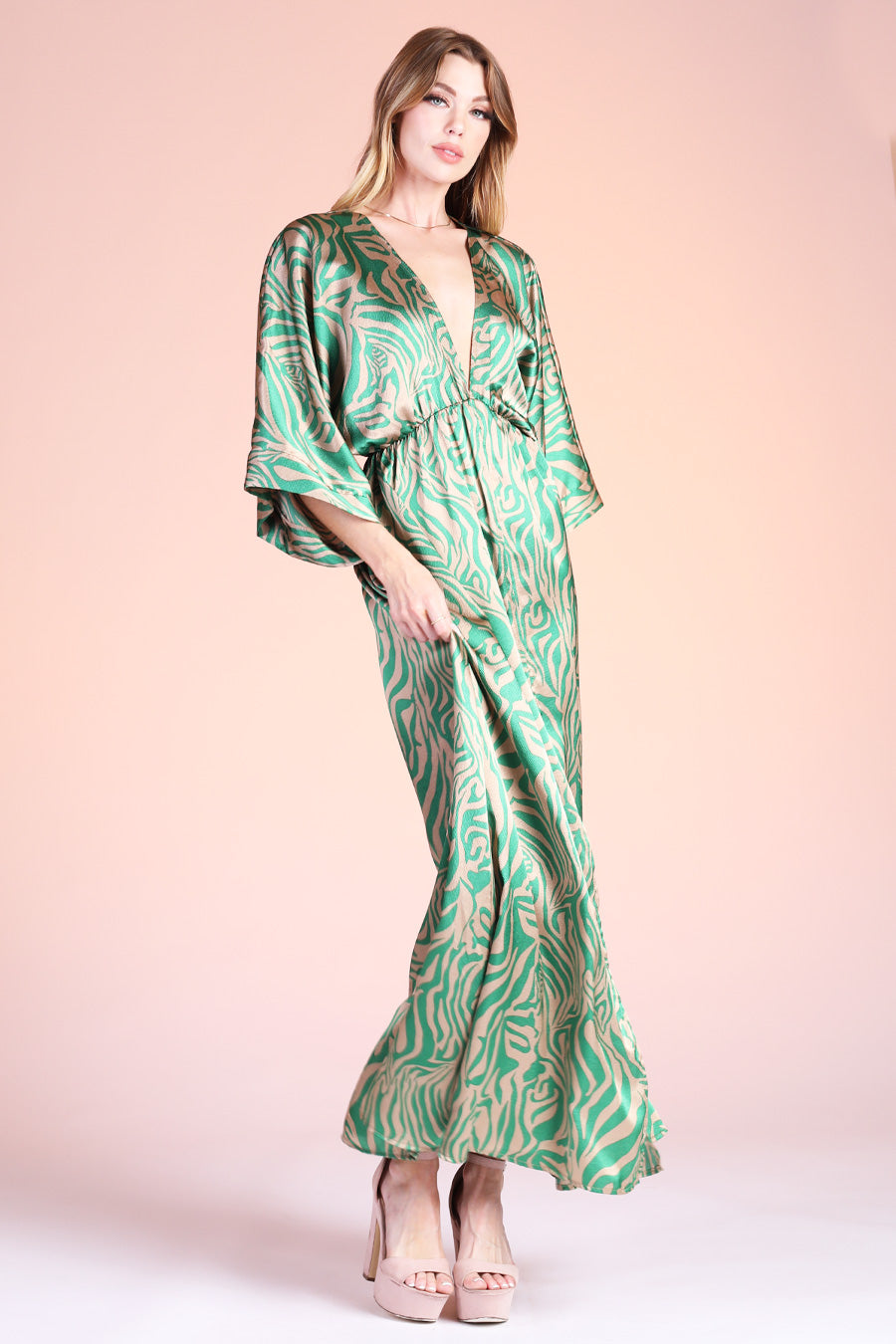 Frida Luxe Satin Kimono Maxi - Green