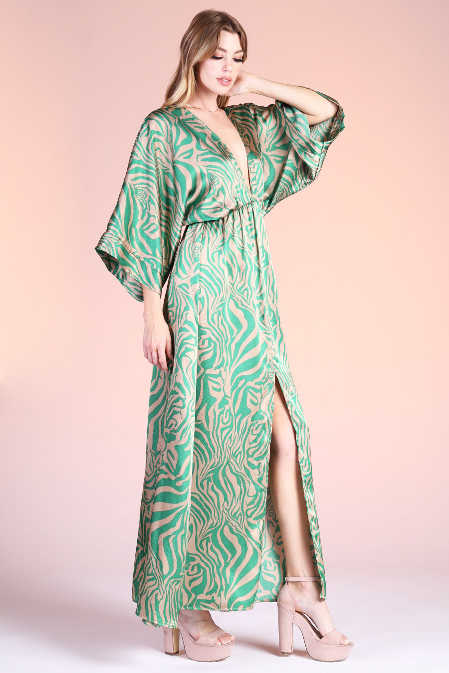 Frida Luxe Satin Kimono Maxi - Green