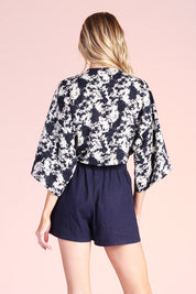Stormy Houndstooth Kimono Tie Top - Navy