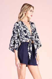 Stormy Houndstooth Kimono Tie Top - Navy